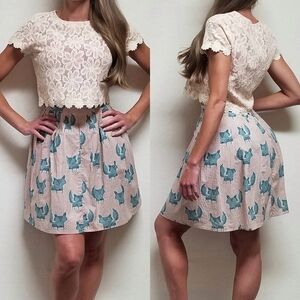 SISTER Kate's Pink Eyelet Lace Crop Top Blue Fox High Rise Skater Skirt Set S
